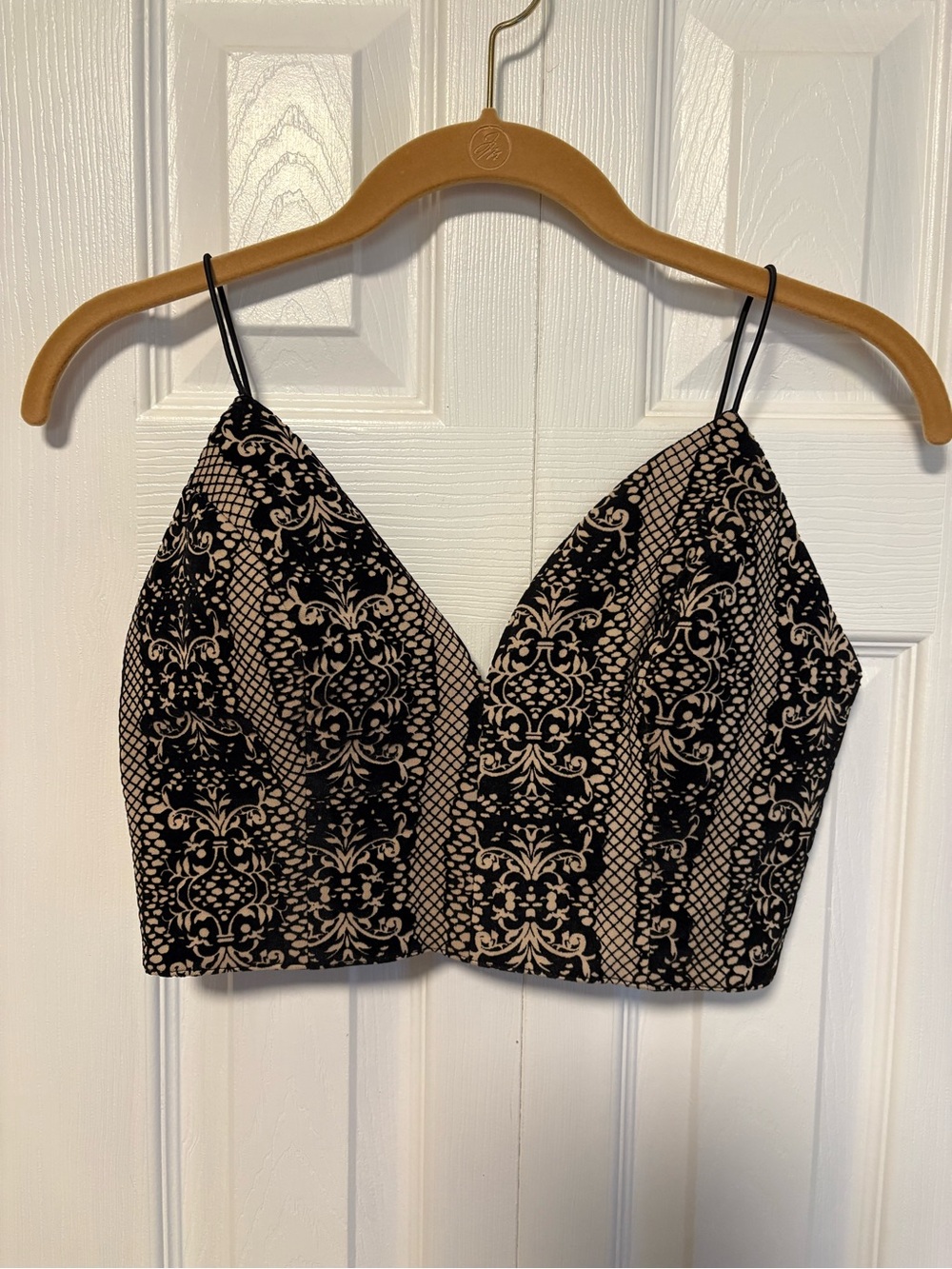 Black and Beige Lace-Pattern Crop Top with Gold Zipper in the back